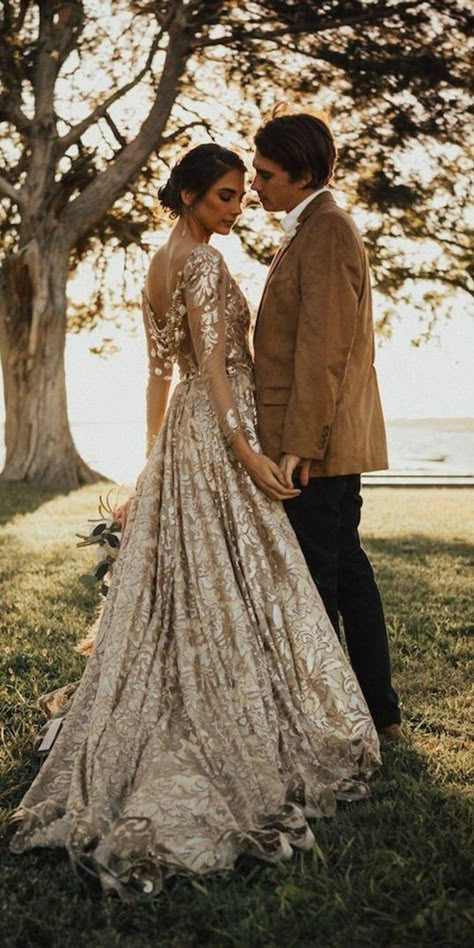 18 Gold Wedding Gowns For Bride Who Wants To Shine ❤  gold wedding gowns a line with long sleeves sequins white fondly forever #weddingforward #wedding #bride Champagne Gold Wedding Dress, Wedding Gowns For Bride, Gowns For Bride, Champagne Gold Wedding, Anna Campbell Bridal, Wedding Gown A Line, Champagne Wedding Dress, Gold Wedding Gowns, How To Dress For A Wedding