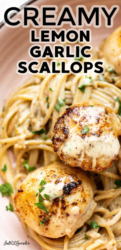 Creamy Garlic Butter Tuscan Scallops, Creamy Scallop Pasta Recipe, Scallops And Chicken Recipe, Shrimp And Scallop Pasta Cream Sauces, Lemon Caper Scallops Pasta, Scallop And Noodle Recipes, Linguini And Scallops, Dinner Ideas With Scallops, Creamy Garlic Scallops Recipe