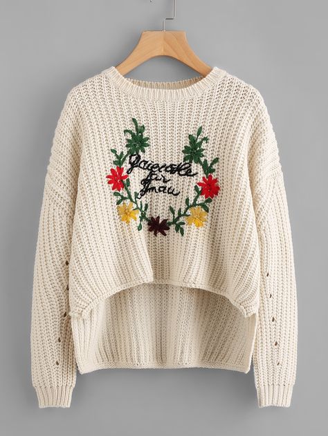 Woolen Tops For Women, Embroidered Knit Tops For Winter, Casual Winter Sweater With Floral Embroidery, Cozy Winter Sweater With Floral Embroidery, Casual Floral Embroidery Sweater, Winter Floral Embroidered Sweater, Woolen Tops, Neat Casual Outfits, Winter Knitwear