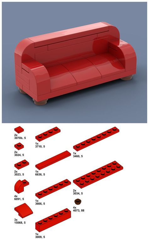 Free directions for a simple couch. Built in stud.io. Lego Diy Crafts, Lego Basic, Simple Couch, Easy Lego Creations, Lego Furniture, Lego Accessories, Red Couch, Construction Lego, Free Lego