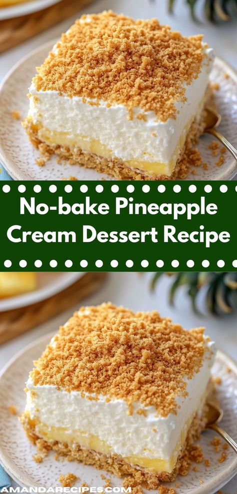 Searching for an easy dessert recipe? This No-bake Pineapple Cream Dessert is a breeze to whip up, offering a taste of paradise without the hassle. It's a family-friendly recipe that everyone will enjoy! Desserts With Cool Whip Easy, Simple Quick Desserts No Bake, 7 Layer Dessert Cool Whip, 5 Ingredients Or Less Desserts, Fast Easy Desserts 3 Ingredients, Pineapple Dessert Recipes No Bake, Pineapple Whipped Cream Dessert, Pineapple No Bake Dessert, No Bake Cool Whip Desserts