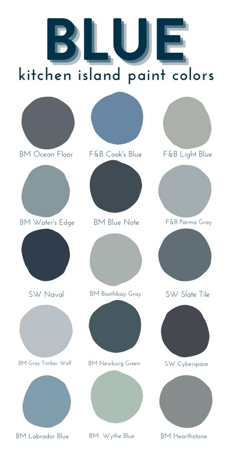 Blue Kitchen Island Paint Colors Blue Hue Paint Colors, Green Blue Island Kitchen, Steel Blue Kitchen Island, Blue Island Paint Colors, Benjamin Moore Kitchen Island Colors, Kitchen Island Paint Colors Farmhouse, Dusty Blue Kitchen Island, Coastal Blue Kitchen Island, Blue Center Island Kitchen