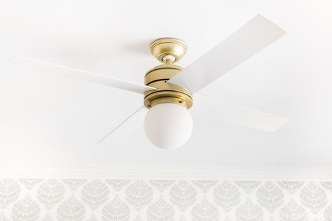 An awesome bedroom ceiling fan with stylish globe light Globe Light Ceiling Fan, Bedroom Fans With Lights Bohemian, Small White Ceiling Fan With Light, Chic Ceiling Fan Master Bedrooms, Ceiling Fan Baby Nursery, Fan For Bedroom Ceiling, Fan In Nursery, Gold And White Ceiling Fan, White Bedroom Ceiling Fan