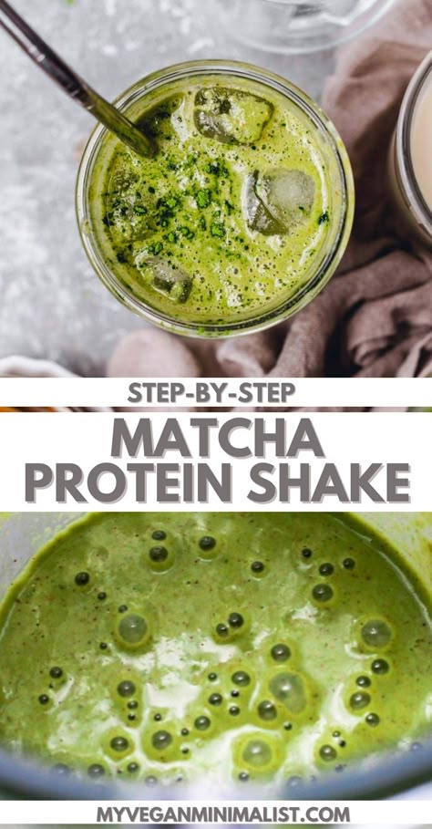 The best matcha protein shake with a hint of vanilla. Served iced, this recipe is refreshing, vegan, keto, gluten-free and super easy to make. Great protein-rich smoothie alternative, full of plant-based, healthy goodness, and a kick of matcha green tea. Can be made with strawberry, vanilla, chocolate, or other protein powder. Matcha Shake Recipe, Matcha Protein Shake, Vegan Protein Shakes, Protein Rich Smoothies, Vanilla Protein Shake, Best Vegan Protein Powder, Matcha Drink Recipes, Vegan Minimalist, Vegan Protein Shake