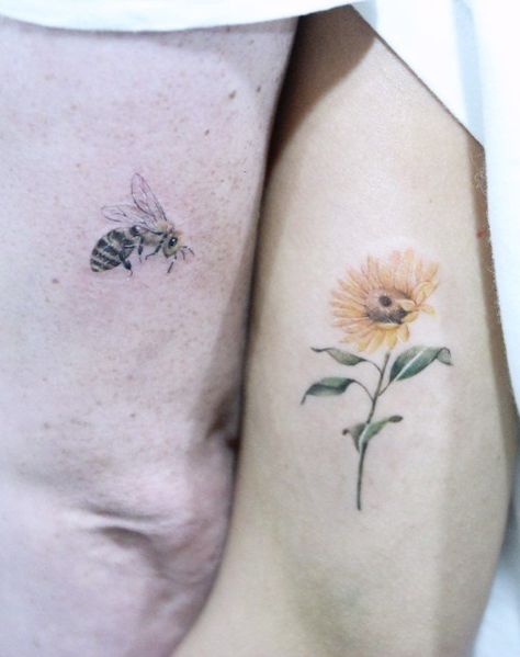 awesome couple tattoo ideas © tattoo artist @tattooist_sodam | Tattooist sodam 💟🌺🐝💟🌺🐝💟🌺🐝💟🌺🐝💟 Creative Couple Tattoos, Couple Tattoo Ideas, Couples Tattoos, Tattoo Couple, Couple Tattoo, Sunflower Tattoos, Amazing Tattoos, Matching Tattoos, Couple Tattoos