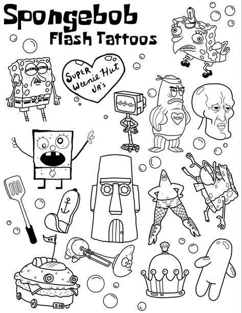 Spongebob Doodle Tattoo, Minimal Spongebob Tattoo, Small Tattoos Spongebob, Funny Spongebob Tattoo Ideas, Tiny Spongebob Tattoo, Cool Spongebob Tattoo, Line Work Flash Tattoo, Funny Spongebob Tattoo, Spongebob Outline Tattoo