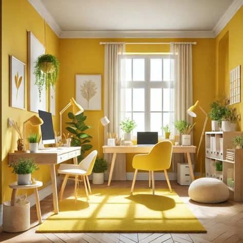 8 Home Office Paint Color Ideas to Boost Productivity and Style Yellow Office Design, Productive Office Colors, Yellow Wall Office Ideas, Light Yellow Office Walls, Home Office Yellow, Yellow Office Ideas, Yellow Home Office, Office Wall Colors, Productive Office