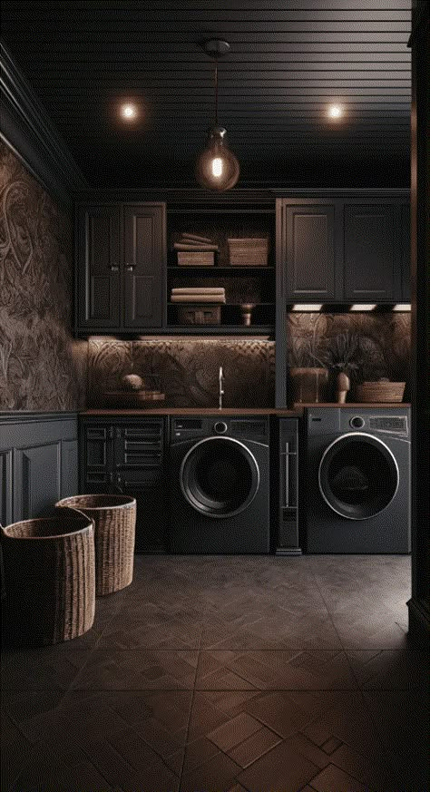 Transform Your Space: 25 Stunning Laundry Room Wallpaper Ideas Modern Dark Laundry Room, Black And Brown Laundry Room, Dark Utility Room Ideas, Laundry Room Ideas Black Washer, Bathroom And Laundry Room Combo Layout Master Bedrooms, Fancy Laundry Room Ideas, Gothic Laundry Room Ideas, Laundry Room Maximalist, Laundry Room With Black Cabinets