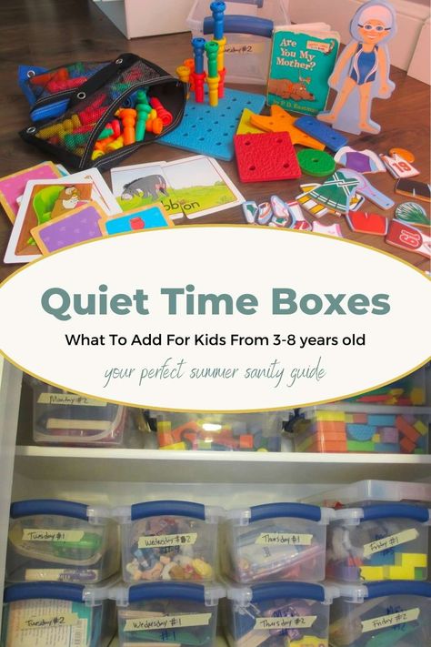 Quiet Time Box Ideas For Emergencies - Or Summer! Quiet Time Bags, Quiet Boxes For Kindergarten, Homeschool Busy Boxes, Busy Box For Preschoolers, Summer Busy Boxes, Quiet Box Ideas, Kindergarten Quiet Time Activities, Busy Bags Preschool, Busy Box For Kindergarten