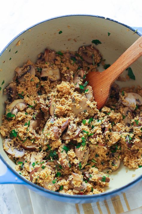 Cremini Mushroom & Herb Couscous Stuffing | Couscous | Mushrooms | Thanksgiving side dish Dishes With Couscous, Mushrooms Thanksgiving, Herb Couscous, Mushroom Broth, Stuffed Mushroom, Vegan Party, Thanksgiving Side Dish, Vegetarian Sides, Vegetarian Side Dishes