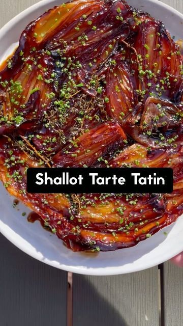 BEN LIPPETT on Instagram: "Shallot Tarte Tatin 🧅 . Recipe - Serves 2 350g Shallots, peeled and halved Olive oil 6 Tbsp Sugar 6 Tbsp Sherry vinegar 4 Tbsp Butter 2 Sprigs of thyme Salt Black pepper 1 Disc of rolled puff pastry . To serve - Chopped chives Parmesan, shaved/grated . Preheat your oven to 200c. In an oven proof pan, caramelise the shallots in the olive oil over a medium-high heat. Once coloured, remove from the pan. Add the sugar and cook over a medium heat to a deep, amber caramel. Deglaze with the Sherry vinegar and stir in the butter. Add the shallots back to the pan, cut side down. Add the thyme and season with salt and black pepper. Cook everything together over a medium heat for 5 minutes. Cover the shallots and caramel with the disc of pastry and tuck the side Shallot Tarte Tatin, Tarte Tatin Recipe, Roasted Shallots, Thyme Salt, Onion Tart, Amazing Food Videos, Sherry Vinegar, Savory Tart, Green Salad