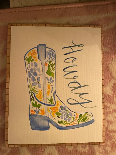 Elementary Art Projects Paint, Western Boot Painting, Cowgirl Boots Painting Canvas, Paint And Sip Theme Ideas, Western Theme Paintings, Cowboy Boots Painting On Canvas, Costal Cowgirl Paintings, Western Art Paintings Easy, Pretty Canvas Painting Ideas Easy