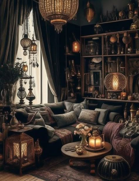 Cluttered Witchy Room, Witchcore Home Aesthetic, Dark Electric Home Decor, Maximalist Bedroom Aesthetic Dark, Seance Aesthetic Room, Witchy Aesthetic Living Room, Witch Home Aesthetic Living Room, Whimsical Gothic Living Room, Steampunk Goth Aesthetic