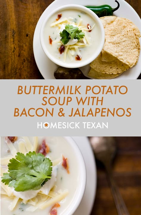 Buttermilk potato soup with bacon and jalapeños Buttermilk Potato Soup, Soup Recipes With Buttermilk, Potato Soup With Buttermilk, Jalapeño Potato Soup, Buttermilk Soup Recipes, Soup With Buttermilk, Texas Foods, Buttermilk Soup, Texan Recipes