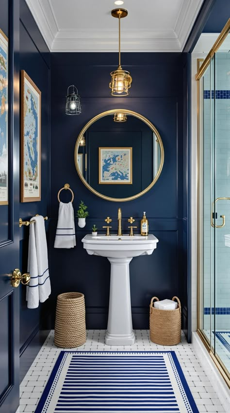 Coastal Inspired Bathrooms Blue Craftsman Bathroom, Navy Coastal Bathroom, Nautical Half Bath, Lake House Powder Room Ideas, Navy Blue Bathroom Ideas Decor, Moody Nautical Bathroom, Navy Half Bathroom, Nautical Themed Bathroom, White Navy Bathroom