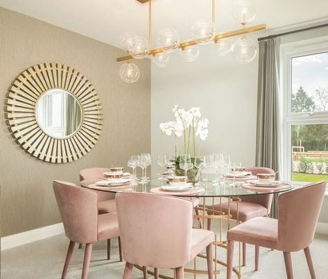 Suede Dining Chairs, Cala Homes, Round Wooden Mirror, Pink Dining Rooms, Gold Dining Room, Luxury Dream Homes, Decorating Rooms, Dining Table Gold, Dining Room Inspo