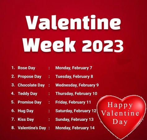 Valentine's Day week list 2023 Happy Purpose Day, Valentine Day Week List, Valentine's Day List, Purpose Day, Valentine Day Week, Promise Day, Hug Day, Teddy Day, Propose Day