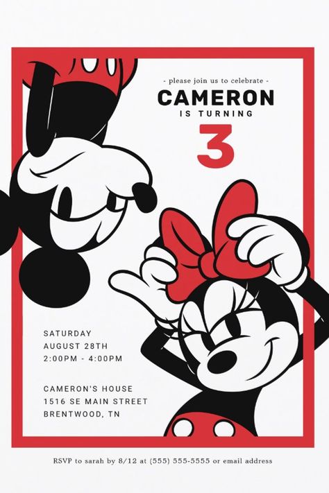 Mickey & Minnie Red & Black Birthday Invitation
Invite all your family and friends to your child's Birthday with these red and black Mickey and Minnie invites. Personalize by adding all your party details. Minnie Birthday Invitations, Minnie Invitations, Mickey Mouse Birthday Invitations, Mickey Mouse Invitations, Mickey Mouse Wallpaper Iphone, Minnie Mouse Birthday Invitations, Black Birthday, Mickey Mouse Wallpaper, Mickey Party