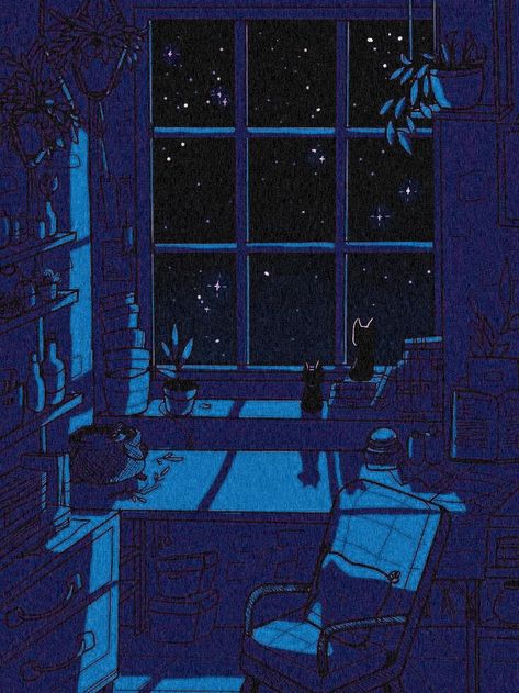 Night Aesthetic Illustration, Room At Night Illustration, Night Window Illustration, Dark Blue Art Aesthetic, Night Room Illustration, Cozy Illustration Art, Lofi Painting, Night City Illustration, Living Room At Night