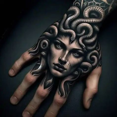 Buddha Hand Tattoo Design, Hades Hand Tattoo, Full Neck Sleeve Tattoo, Greek God Hand Tattoo, Greek Mythology Hand Tattoos, Mythology Hand Tattoo, Hand Tattoo Cover Up Ideas For Men, Medusa Hand Tattoo Men, Greek Hand Tattoo