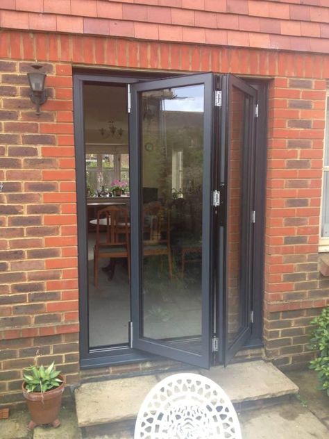 Folding Door Exterior, Folding French Doors Patio, Small Patio Doors, Small Patio Doors Ideas, Small Bifold Doors Onto Patio, Kitchen Doors To Outside, Folding Door Closet, Bi Fold Patio Doors, Folding Door Makeover