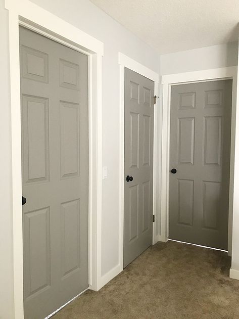 How to Paint Your Interior Doors Painting Interior Doors Ideas, Interior Doors Ideas, Painting Interior Doors, Interior Door Colors, Grey Interior Doors, Hallway Door, Painted Interior Doors, Diy Interior Decor, Doors Ideas