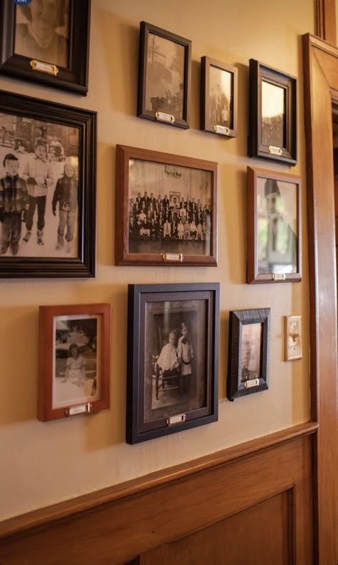 Old Family Pictures Display, Family Photo Wall Aesthetic, Family Memorial Wall, Ancestor Wall Ideas, Ancestor Photo Wall, Ancestor Wall Display, Ancestor Gallery Wall, Vintage Family Photo Wall, Family History Wall