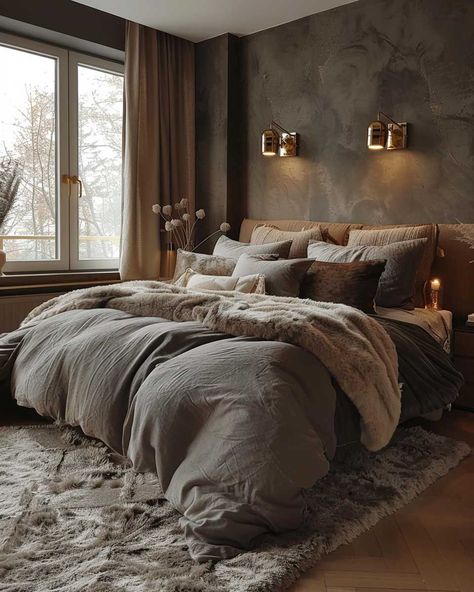 Moody Neutral, Moody Bedroom Ideas, Suede Sofa, Dark Wood Furniture, Iron Bed Frame, Velvet Drapes, Moody Bedroom, Leather Accent Chair, Plush Area Rugs