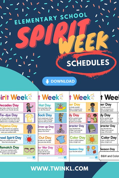 Elementary School Spirit Week Schedules Decades Day, School Spirit Week, Hat Day, School Community, Spirit Week, Teaching Elementary, Elementary Classroom, Educational Activities, School Spirit