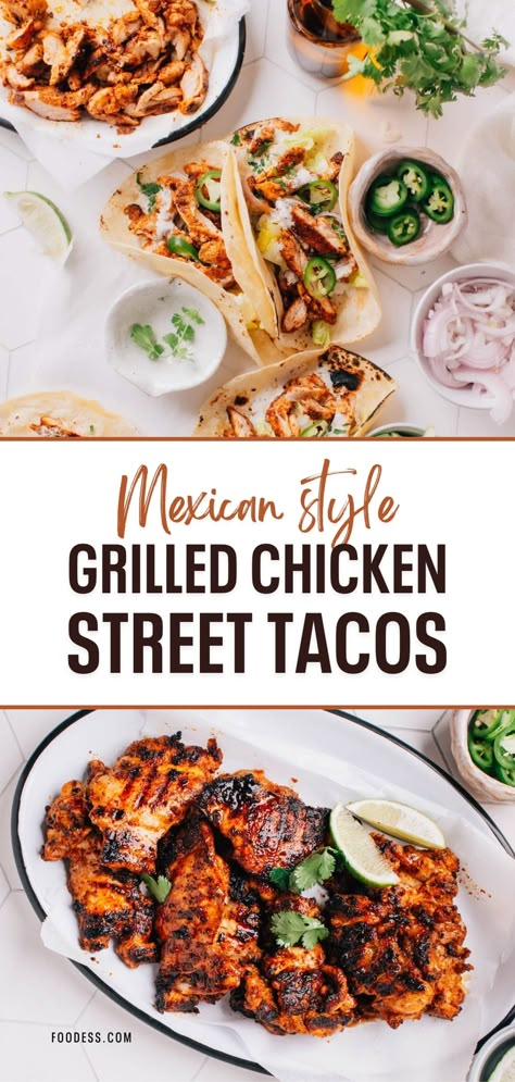 Enjoy the authentic flavors of Mexican street food with these mouthwatering Chicken Street Tacos! Made with juicy boneless chicken thighs marinated in a tantalizing blend of chicken taco seasoning and zesty lime juice, these tacos are bursting with fresh and flavorful ingredients. Grilled to perfection, the chicken is tender and infused with irresistible smoky flavors. These tacos are weeknight-friendly, great for hosting taco nights, parties or even meal prep! Find the full recipe on my blog. Best Chicken Taco Marinade, Blackstone Chicken Tacos, Street Tacos Authentic, Struggle Food, Chicken Taco Marinade, Carne Asada Chicken, Grilled Chicken Street Tacos, Chicken Street Tacos Recipe, Taco Marinade