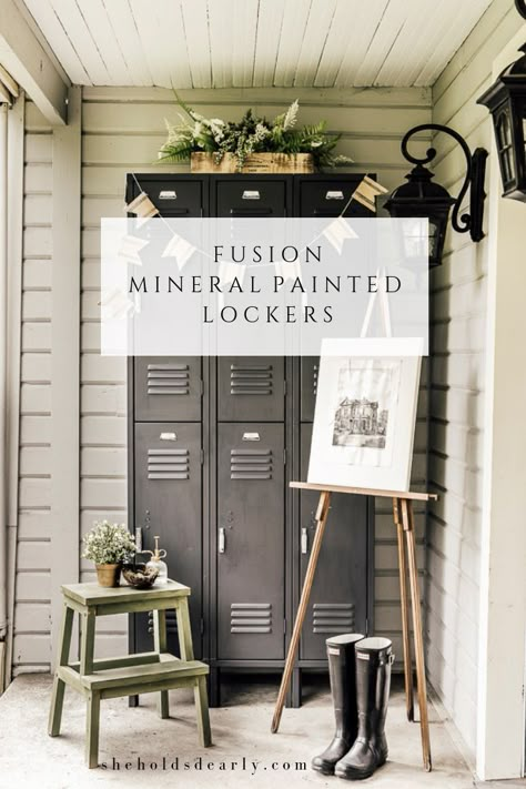 Fusion Mineral Painted Lockers Vintage Lockers Mudroom, Lockers In Kitchen, Decorating With Lockers, Painted Lockers Ideas, Painting Lockers, Painted Lockers, Entry Way Lockers, Industrial Lockers, Renters Decorating