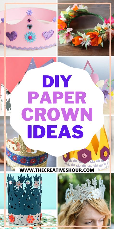 Making paper crowns is a fun activity; it is the cutest paper craft idea for kids. You can also decorate your paper crowns with gemstones, glitter papers, flowers, and laces. So here are some beautiful paper crown ideas for kids, DIY paper crown ideas, easy paper crown ideas, simple paper crown ideas. Click here for more adorable paper crown ideas for kids, DIY paper crown ideas, step-by-step paper crown ideas, simple paper crown ideas. Crown Ideas For Kids, Paper Crown Ideas, Paper Crowns For Kids, Flower Crown Tutorial, Diy Birthday Crown, Color Paper Crafts, Paper Flower Crown, Toilet Paper Roll Craft, Crown Printable