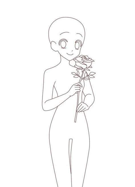 Drawing Poses Flower, Holding Rose Pose Reference Drawing, Holding A Flower Pose Drawing, Drawing Base Holding Something, Flower Women Drawing, Holding Rose Pose Reference, Holding A Rose Reference, Anime Holding Flower, Holding A Flower Pose