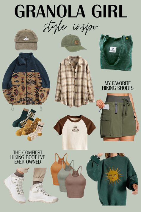 Hiking Outfits Granola, Granola Amazon Finds, Van Life Clothes, Crunchy Outfits Summer, Outdoor Women Outfits, Campcore Outfits, Casual Granola Outfits, Granola Girl Capsule Wardrobe, Granola Capsule Wardrobe