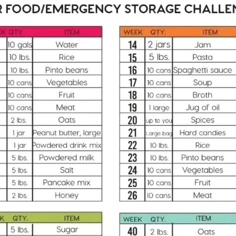 The Homestead Wife • Homesteading & Preppin' on Instagram: "52 Week Food Storage Challenge!  It's the perfect time to get started on building an emergency food storage! I've have 4 easy options:  2 Week Food Supply - which covers 2 weeks of emergency food for one person.   1 Year Food/Emergency Storage, which includes both food and emergency supplies.  52 Week Food Storage Checklist, which is food focused only   Lastly, a $5 per week purchase list for those focused more on budget.   The idea with all 4 is to buy a few extra things when you make your weekly grocery store run.  It’s nothing crazy, overwhelming.   This isn’t meant for you to have a year of food storage.  It is meant for you to accumulate food storage throughout the year, one week at a time.   Food storage has become increasin One Year Food Supply List, Years Supply Of Food, Food For One Person, Homestead Wife, Food Supply List, Emergency Supply List, Food For One, Emergency Storage, Canned Spaghetti Sauce