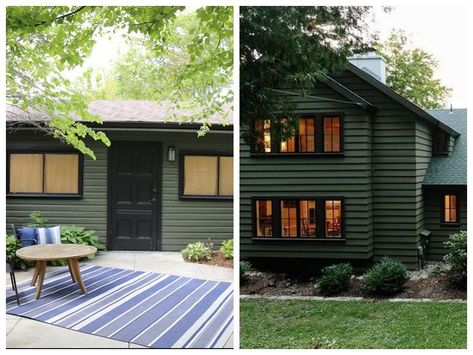 Forest Green Vs Hunter Green: What are the Differences? Dark Green Stucco House Exterior, Hunter Green Exterior House Colors, Hunter Green House Exterior, Forest Green Siding, Forest Green House Exterior, Masculine Cabin, Green Vinyl Siding, Green House Paint, Sage Green House