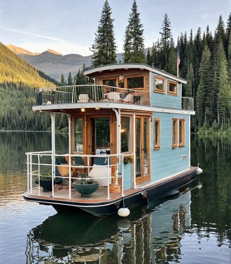 Tiny House Boat, Tiny Houseboat, Houseboat Decor, Small Houseboats, Shanty Boat, Narrowboat Interiors, Boat House Interior, Houseboat Living, House Image