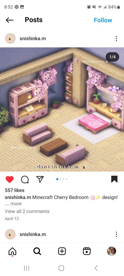 Cute Beds In Minecraft, Minecraft Bedroom Inspiration, Pink Bedroom Minecraft Ideas, Minecraft Room Divider, Minecraft Cute Bedroom Ideas, Minecraft House Interior Cottagecore, Minecraft Living Room Ideas Pink, Pink Minecraft Decor, Cherry Interior Design Minecraft