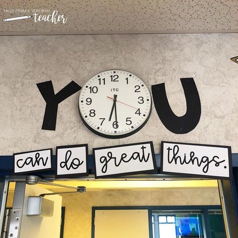 I don’t have a lot of space around the clock in my classroom, but I wanted to use it as a focal point. 🕰️️ I think I made it work. 😁 I also… Classroom Clock, Elementary Classroom Decor, 4th Grade Classroom, Middle School Classroom, Classroom Bulletin Boards, New Classroom, Busy Teacher, Classroom Design, Classroom Setup