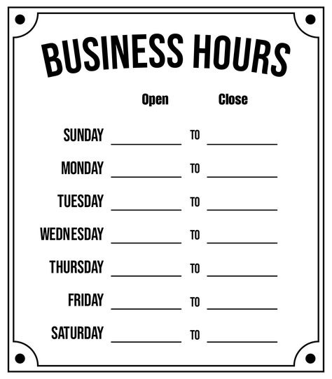 Printable Business Hours Sign Template Free New Hours Sign, Business Hours Template, Business Hours Sign Template, Working Hours Sign Design, Business Plan Template Free Printables, Cricut Binder, Hours Of Operation Sign, Free Business Printables, Store Hours Sign