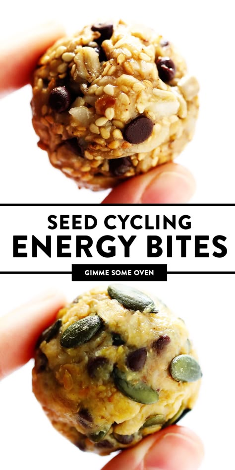 This simple Seed Cycling Energy Bites recipe is a delicious way to eat the daily serving of seeds recommended to help naturally balance women's hormones. Naturally gluten-free, easy to make, and delicious too! | gimmesomeoven.com #healthy #snack #hormones #health #glutenfree #vegan #breakfast #seedcycling Vegan Hormone Balancing Meals, Recipes For Seed Cycling, Seed Cycling Desserts, Snacks For Hormone Balance, Hormone Balance Snacks, Seed Cycling Energy Balls, Follicular Phase Recipes Vegan, Seed Cycle Hormones, Tea For Each Cycle Phase