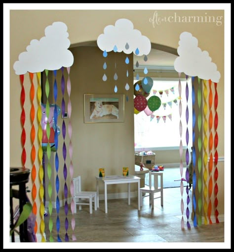 Rainbows and rain clouds make the perfect, easy DIY decorations for a Peppa Pig Party -- Often Charming Preschool Party Decorations, Peppa Pig Diy Decorations, Diy Peppa Pig Decorations, Diy Rainbow Decorations, Easy Diy Party Decorations, Pig Birthday Decorations, Diy Decorations Party, Easy Diy Decorations, Peppa Pig Birthday Party Decorations