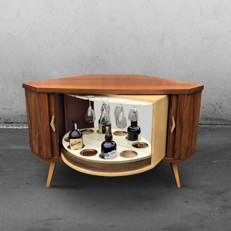 For sale: Revolving Corner Bar with Storage Space, 1960s | #vntg #vintage Rotating Bar Cabinet, Bar With Storage, Bookshelf Bar, Mid Century Bar Cabinet, Inviting Home Decor, Drink Cabinet, Corner Bar Cabinet, Home Bar Setup, Exterior House Renovation