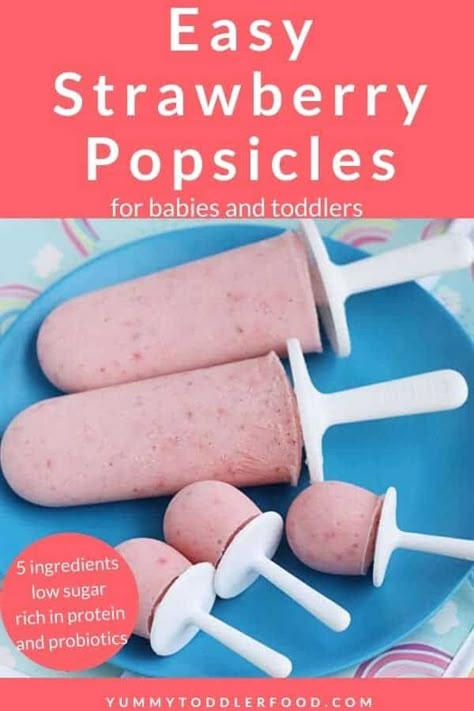 Easy Strawberry Popsicles (with Greek Yogurt) Homemade Strawberry Popsicles, Baby Popsicles, Yogurt Popsicle Recipes, Mango Frozen Yogurt, Frozen Yogurt Pops, Strawberry Popsicles, Nutritious Desserts, Healthy Popsicles, Yogurt Pops