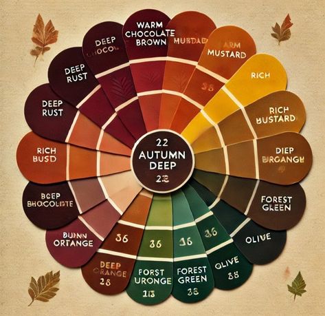 Deep Autumn Color Wheel, Fall Tones Colour Palettes, Fall Palette Outfits, Deep Autumn Color Palette Clothes, Warm Autumn Color Palette Nails, Warm Autumn Color Combinations, Warm Autumn Colour Palette, Autumn Warm Palette, Dark Autumn Colour Palette