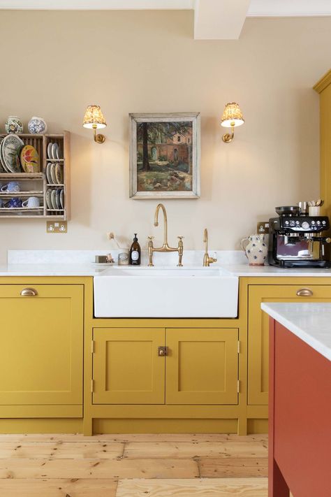 Cantire House - Shaker Workshops Marigold Kitchen Cabinets, Green And Mustard Kitchen, Mustard Yellow Cabinets, Colourful Kitchen Cabinets, Mustard Yellow Kitchen Cabinets, Mustard Kitchen Cabinets, Mustard Cabinets, Mustard Yellow Kitchen, Coloured Cabinets