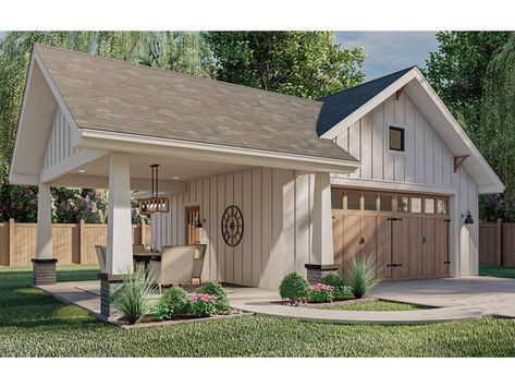 Garage Plan with Carport, 050G-0030 Garage Pool House, Covered Carport, Detached Garage Designs, Craftsman Garage, Garage Plans Detached, Plan Garage, Farmhouse Garage, Backyard Garage, Garage Designs