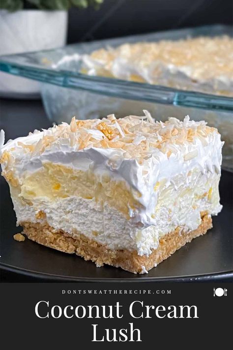 This coconut cream lush is layers of creamy coconut goodness! It's an easy no-bake dessert perfect for hot summer days. Choc Lush Dessert, Coconut Lasagna Dessert, Coconut Cream Dessert Easy, Pineapple Coconut Delight, Coconut Cream Dump Cake, Coconut Cream Deserts, Coconut Cream Pudding Recipes, Creamy Coconut Cream Pie, Coconut Cream Pie Recipes Easy