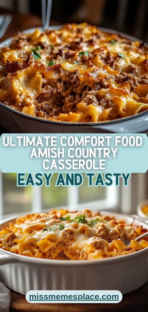 Experience the ultimate comfort food with this Amish Country Casserole recipe! This delicious dish features a perfect blend of ingredients such as ground beef, egg noodles, and mixed veggies, all brought together with creamy mushroom soup and topped with melty cheddar cheese. Ideal for family gatherings or cozy dinners at home, this hearty casserole will warm your heart and nourish your soul. Follow our step-by-step guide for a flawless Amish Country Casserole Recipe, Ground Beef Egg Noodles, Beef Egg Noodles, Amish Country Casserole, Egg Noodle Casserole, Country Casserole, Noodle Casserole Recipes, Ground Beef Casserole Recipes, Mixed Veggies