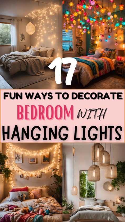 Discover creative hanging light ideas for bedroom ceilings, featuring pendant lights, fairy lights, and DIY accent lighting for a cozy and modern bedroom design. Bedroom Light Ideas Hanging, Lights Behind Bed Frame, Wall Of Lights Bedroom, Ways To Hang Fairy Lights Bedroom, Bedroom Fairy Lights Ceiling, Fairy Lights Boho Bedroom, Fairy Curtain Lights Bedroom Ideas, Plug In Hanging Light Bedrooms, Hanging Pendant Lights Bedroom Plug In